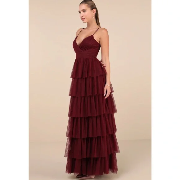 Lulus Rule The Runway Burgundy Tulle Surplice Tiered Maxi Dress Small NWT - Picture 3 of 15